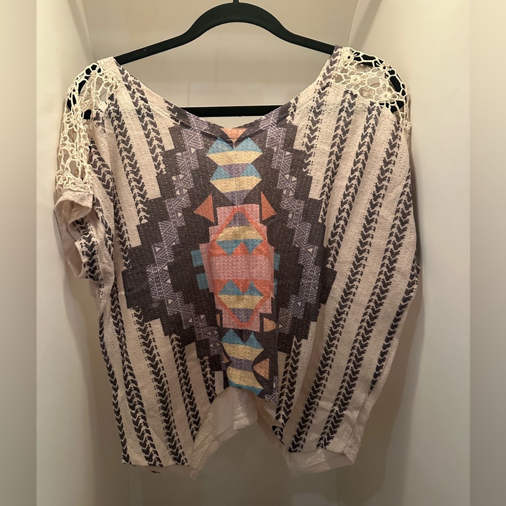 American Rag Bohemian Patterned Top with Lace Accents